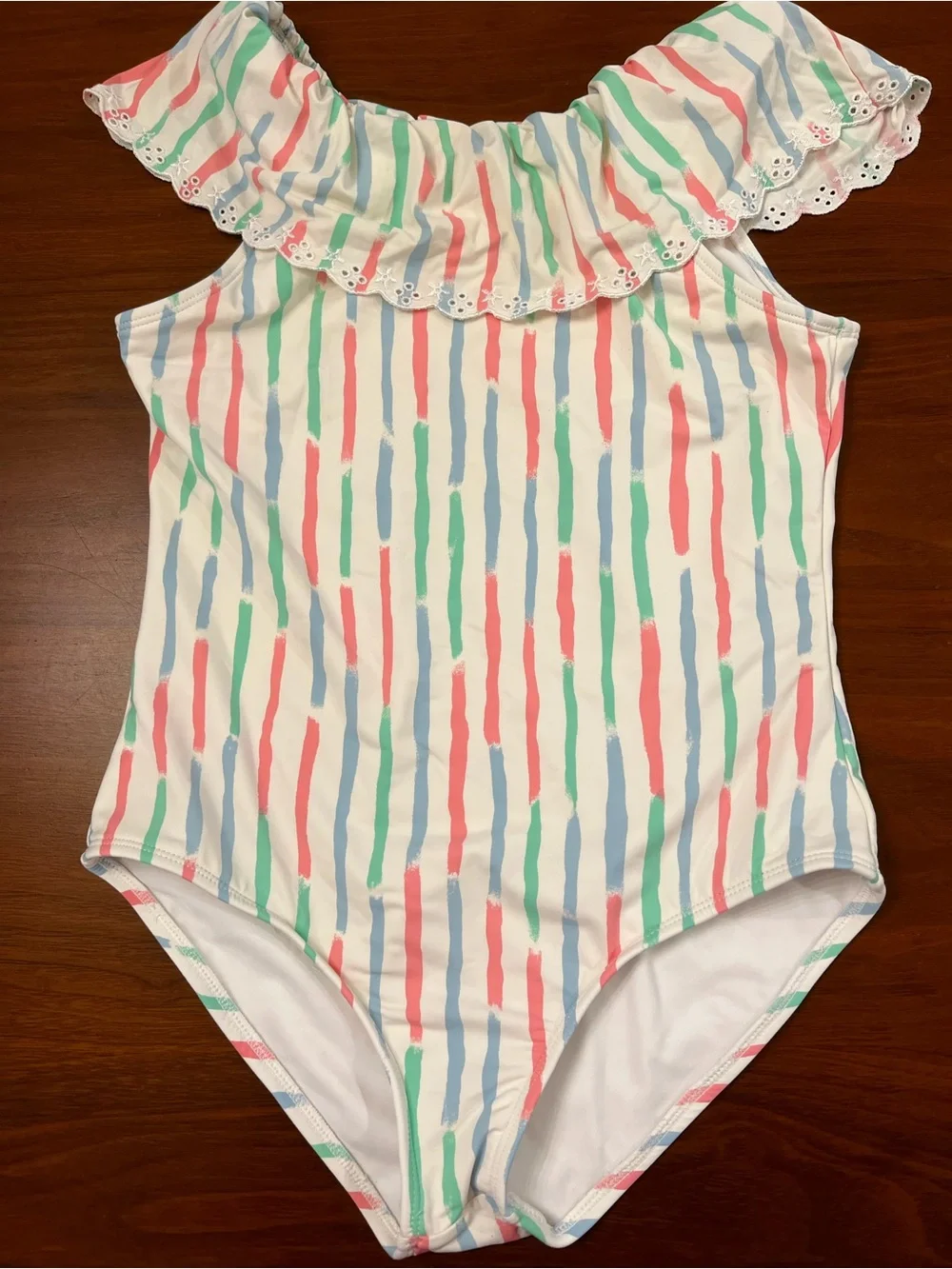 The Beaufort Bonnet Company Girls One Piece Swimsuit Watercolor Stripe Ruffle 14